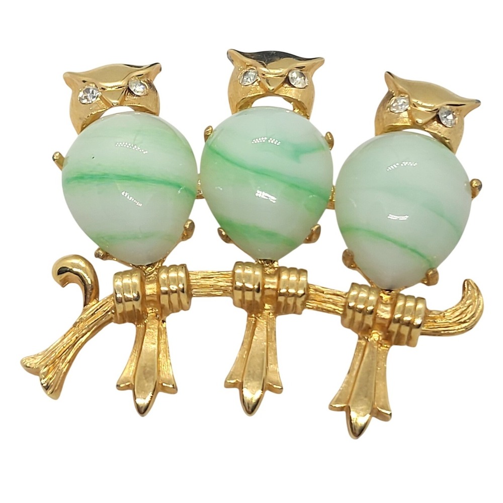Three Owl Jelly Belly Green Marbled Rhinestone Brooch VTG SKUJ134